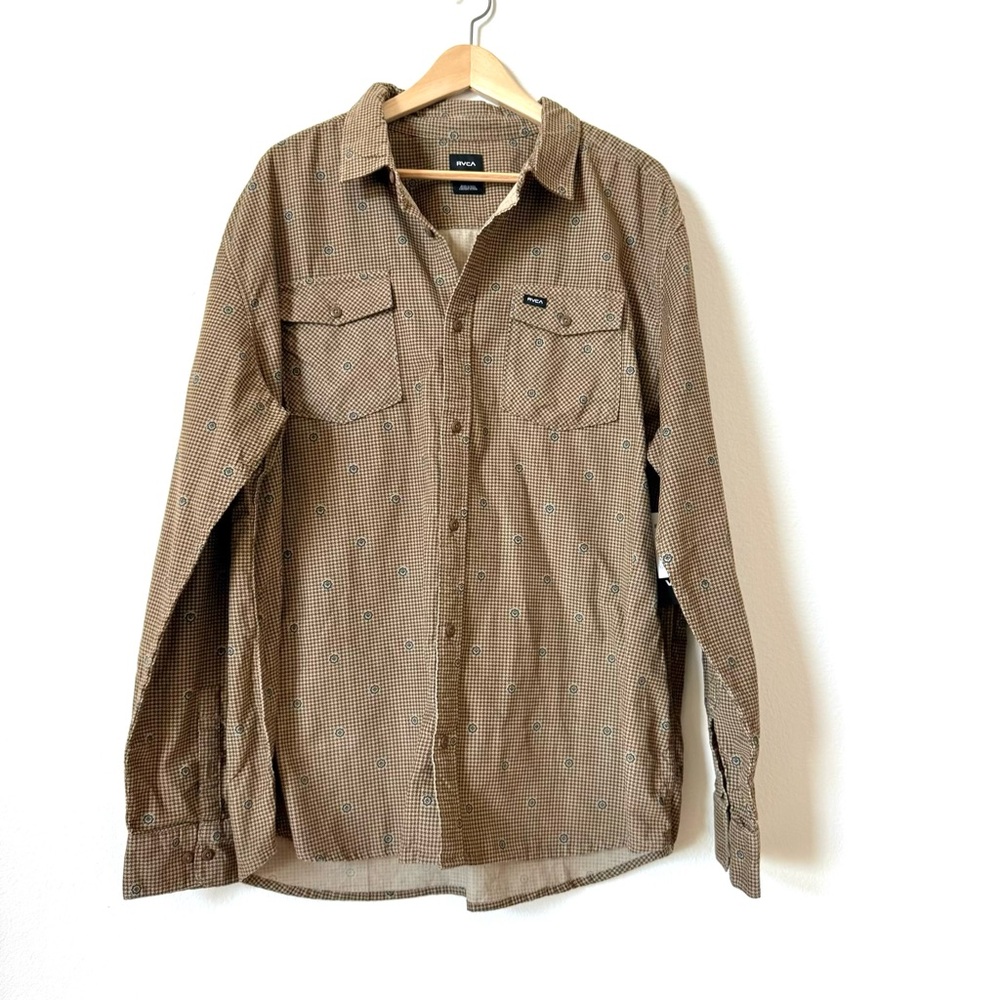 RVCA Brown Houndstooth Button Up Freeman Corduroy Long 100% Cotton Sleeve XXL - Picture 4 of 16